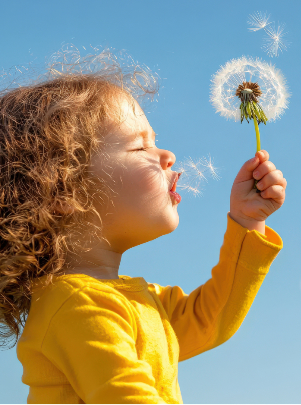 A child joyful reaction to blowing dandelion seeds into the wind, sprint flower early birds day nursery